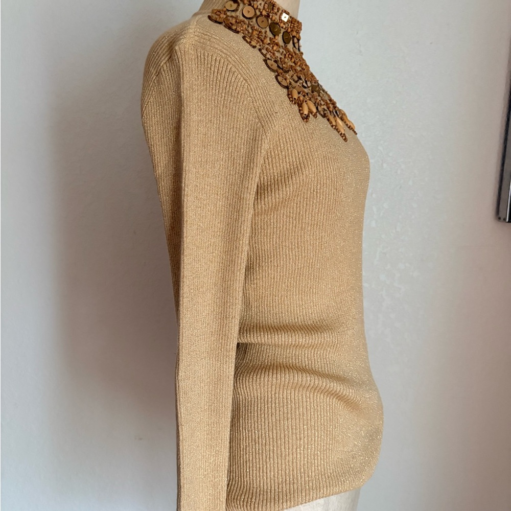 Vtg Once Again Womens M Gold Sequin Beaded Ribbed Knit Long Sleeve Sparkle Top - Picture 8 of 12